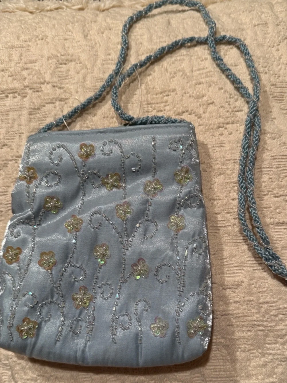 Embroidered Light Blue Crossbody Purse with Braided Strap